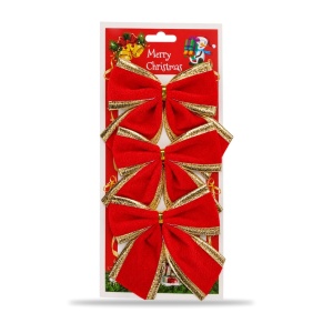Set de 3 Fundițe decorative de Crăciun din catifea, roșu cu auriu, 38 x 15 cm - Img 2
