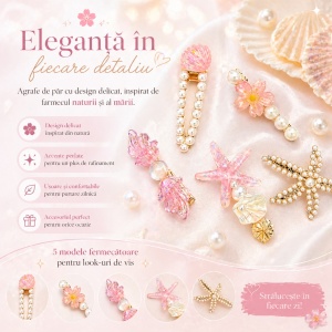 Set de 5 Clame de Păr colorate, modele cu Perle, Scoici și Stea de Mare, Culori Diverse