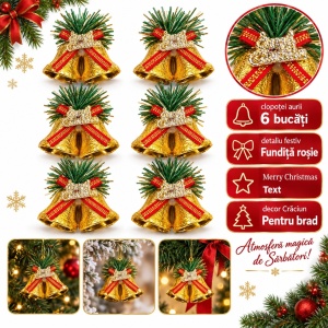 Set de 6 bucăți clopoței dubli de Crăciun aurii, fundiță roșie, ambalaj 20x15 cm - Img 5