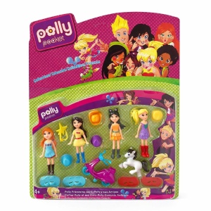 Set papusi mini cu accesorii, 4 figurine fetite cu scuter si calut, jucarie copii 44x36 cm