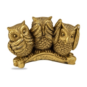 Statueta decorativa 3 bufnite aurii, nu vad nu aud nu vorbesc, ceramica, 8,5 cm - Img 2