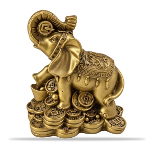 Statuetă elefant feng shui din rășină, auriu, cu trompa ridicată, pe monede, aprox. 10 × 8 cm - Img 2