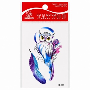 Tatuaj Temporar Semipermanent Bufniță în Stil Acuarelă 10 cm – Design Artistic cu Pană și Floare