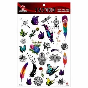 Tatuaj Temporar Semipermanent Set Fluturi, Pene și Mandale – 20 cm, Rezistent la Apă, Efect Realist
