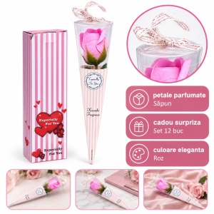 Trandafir roz artificial, in cutie cadou transparentă cu funda, 25cm