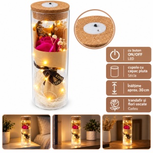 Trandafir roz inchis de săpun în cupolă de sticlă cu lumini LED, buton ON/OFF, 25 cm