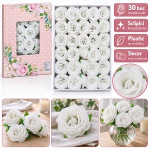 Trandafiri artificiali cu sclipici, set 30 de bucăți, culoare alb, plastic, 8cm