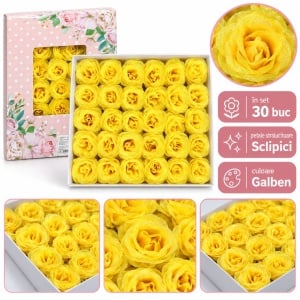 Trandafiri artificiali cu sclipici, set 30 de bucati, galben, plastic, 8cm