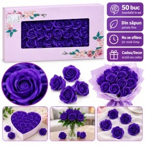 Trandafiri decorativi din săpun, cutie cadou, set 50 de bucăți, mov închis, 5cm