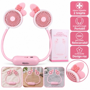Ventilator de gât portabil, 2 trepte de viteză, roz cu alb