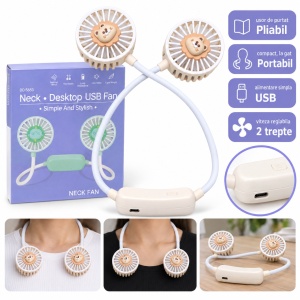 Ventilator de gât portabil pliabil, cu 2 trepte de viteză, alimentare USB, alb