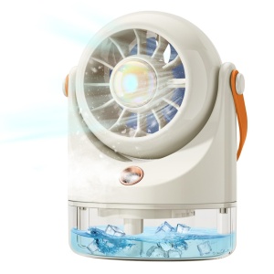 Ventilator portabil cu pulverizare apa si rezervor, 3 trepte viteza, LED, USB, crem
