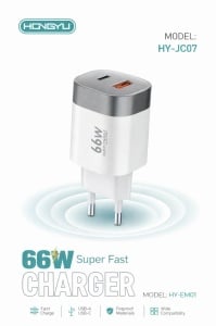 Adaptor priză Hongyu HY-JC07 / HY-EM01, 66W, USB-A + USB-C, Alb - Img 2