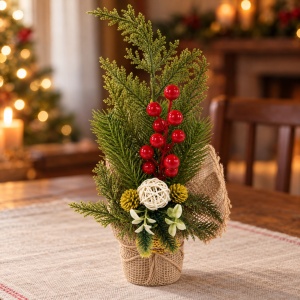 Aranjament decorativ de Crăciun cu con de brad, bilă din răchită și iută, 23x8 cm - Img 3