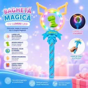 Baghetă magică albastra cu lumini, figurina Dinozaur , 42 cm – jucărie interactivă pentru copii