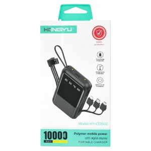 Baterie externa HY-CDB02 10000 mAh cu cabluri integrate 4-în-1 și display LED digital, negru
