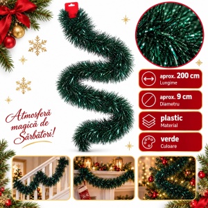 Beteală de Crăciun pentru brad, verde, plastic, lungime 200 cm, diametru 9 cm