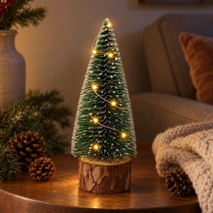 Brăduț decorativ cu LED, bază din lemn natural, verde cu vârfuri albe, 15x6cm - Img 3