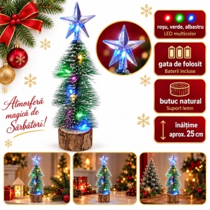 Brăduț decorativ luminos LED pentru Crăciun, pe suport din lemn, baterii incluse, 20x8 cm