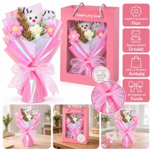 Buchet de flori decorativ cu flori textile si ursuleț, roz, in cutie de cadou