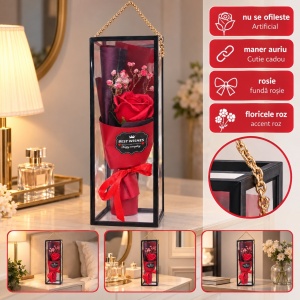Buchet decorativ cu trandafir artificial roșu, în cutie cadou cu mâner auriu - Img 5