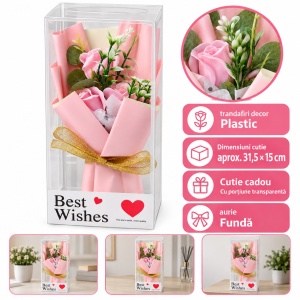 Buchet decorativ cu trandafiri roz, fundă aurie, în cutie cadou, 25cm