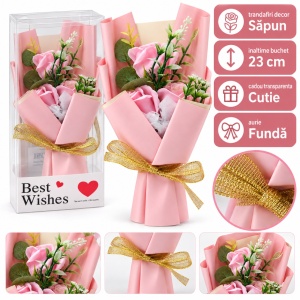 Buchet decorativ cu trandafiri roz, fundă aurie, în cutie cadou, 25cm - Img 2
