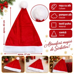 Căciulă de Moș Crăciun cu pompon, textil pufos roșu cu alb, 41 cm