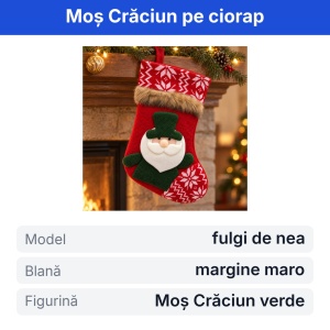 Ciorap decorativ de Crăciun, model Moș Crăciun verde, tricotat roșu cu fulgi de nea, 35x17cm - Img 2