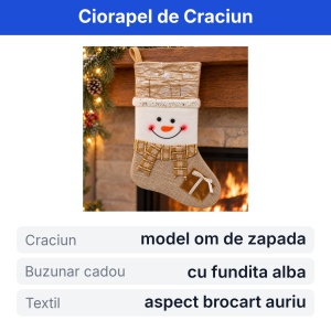 Ciorapel de Craciun decorativ, model Om de Zapada, textil auriu-crem cu buzunar, 35x18cm - Img 2