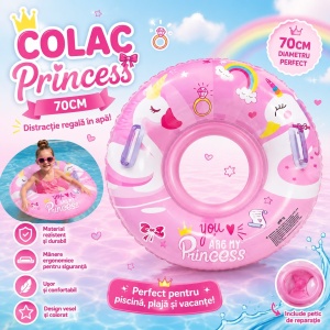 Colac Gonflabil Princess pentru Copii 70 cm cu Mânere – Roz, Model Unicorn și Curcubeu - Img 2