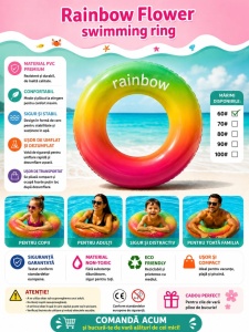 Colac Gonflabil Rainbow 90 cm – Inel de Înot Multicolor pentru Copii, Piscină și Plajă - Img 2