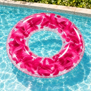 Colac Gonflabil Transparent cu Pene Fucsia, 80 cm – Plajă și Piscină - Img 5
