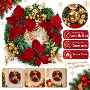 Coroniță de Crăciun cu flori roșii și decor auriu, plastic, 38x35 cm - Img 6