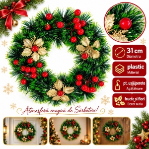 Coroniță de Crăciun cu fructe roșii și flori aurii, plastic, agățătoare, 31 cm