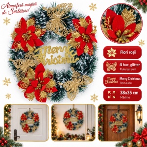 Coroniță decorativă de Crăciun cu flori roșii și fluturași aurii glitter, 38x35 cm