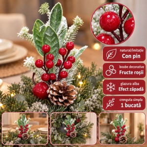 Crenguță decorativă cu con de pin, fructe roșii și efect de zăpadă, 30cm - Img 6