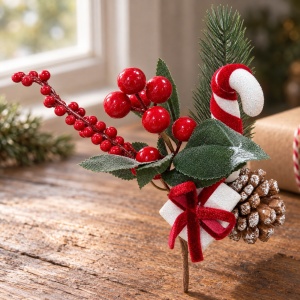 Crenguță decorativă de Crăciun cu fructe roșii, con de brad, baston și fundă catifea, 20cm - Img 4