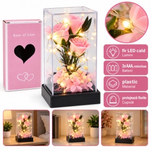 Cupolă cu trandafiri artificiali și lumină LED, roz, cu baterii, 16 cm - Img 2