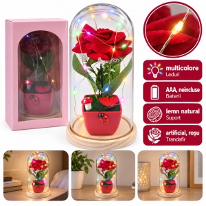 Cupolă decorativă cu trandafir roșu și leduri multicolore, suport din lemn, 20 cm