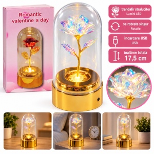 Cupola decorativa luminoasa cu trandafir cu efect irizant, rotatie automata, incarcare USB, 16.5cm