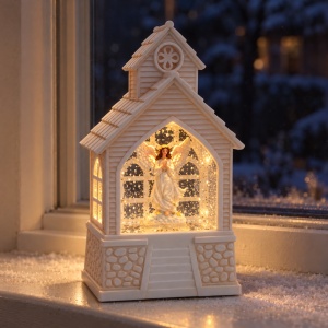 Decoratiune luminoasa de Crăciun cu muzica, model căsuță albă cu înger, 14x7 cm - Img 3