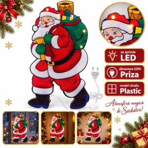 Decorațiune luminoasă de Crăciun Moș Crăciun, LED, model vitraliu, priză, 47 × 22 cm