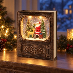 Decorațiune luminoasă și muzicală de Crăciun, model carte cu Moș Crăciun, maro, 20×16 cm - Img 3