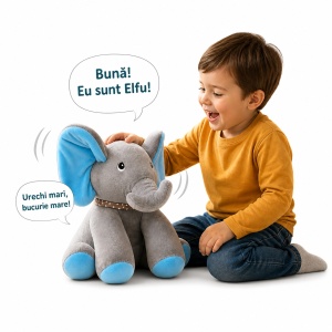 Elefant de plus interactiv cu urechi albastre, 30cm , repeta si imita sunete copii - Img 2