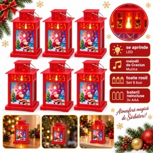 Felinar de Crăciun cu LED și muzică, roșu, din plastic, set de 6 bucăți, 20x11 cm