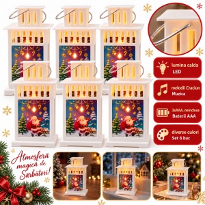 Felinar decorativ de Crăciun cu LED și muzică, alb, set de 6 bucăți, 15x8 cm