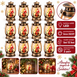 Felinar decorativ de Crăciun cu lumina LED, set de 12 bucati, din plastic, 13x6cm