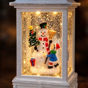 Felinar decorativ de Crăciun cu om de zăpadă, cu lumini LED și muzică, 22x9 cm - Img 4