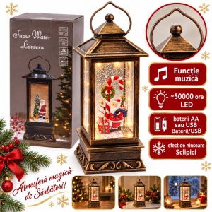 Felinar decorativ luminos de Craciun cu muzica si sclipici, model cu Mos Craciun si acadea, 22 cm